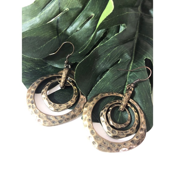 Hammered Brass Triple Hoop Earrings - Picture 3 of 8